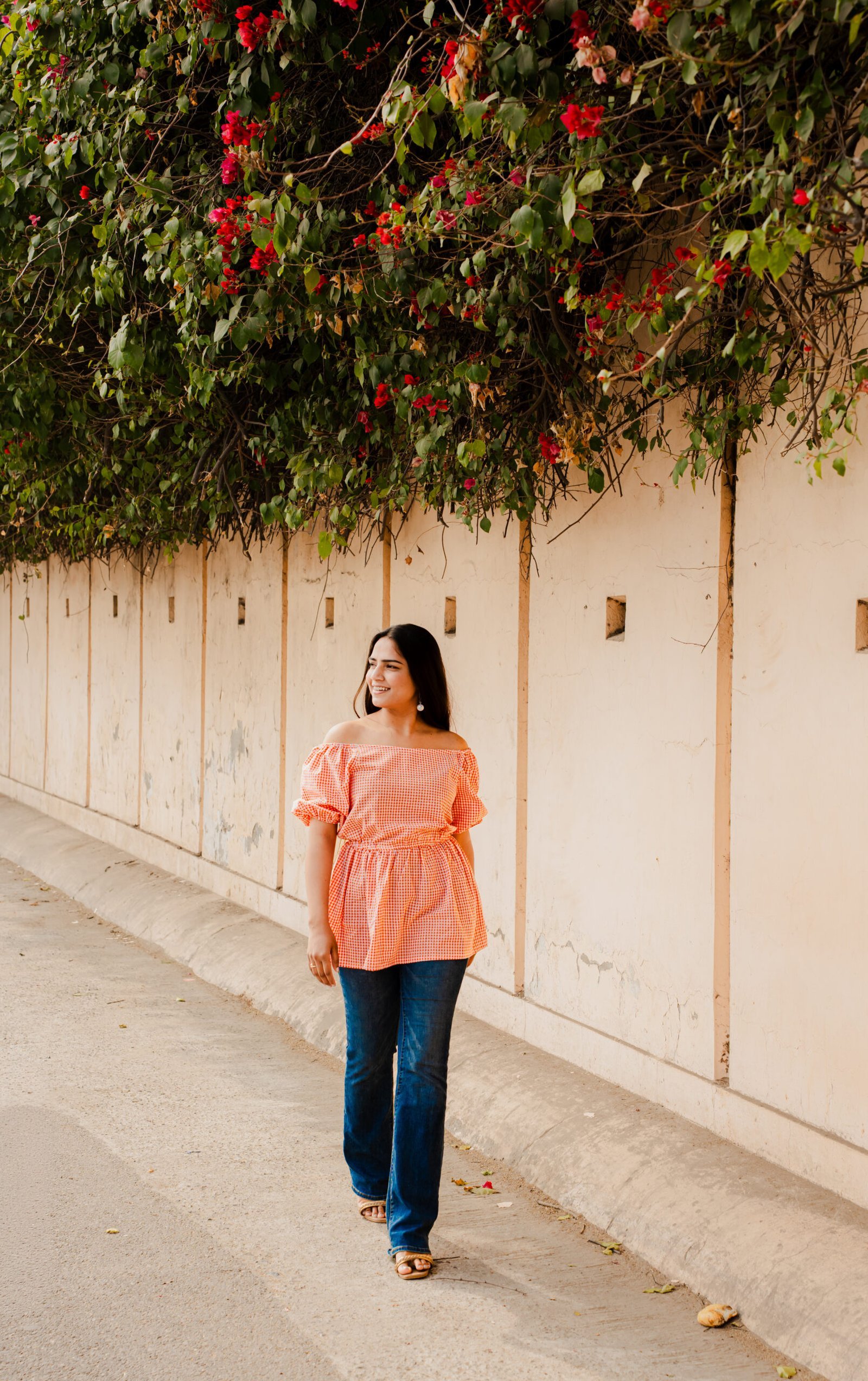 Orange Gingham Off-Shoulder Top