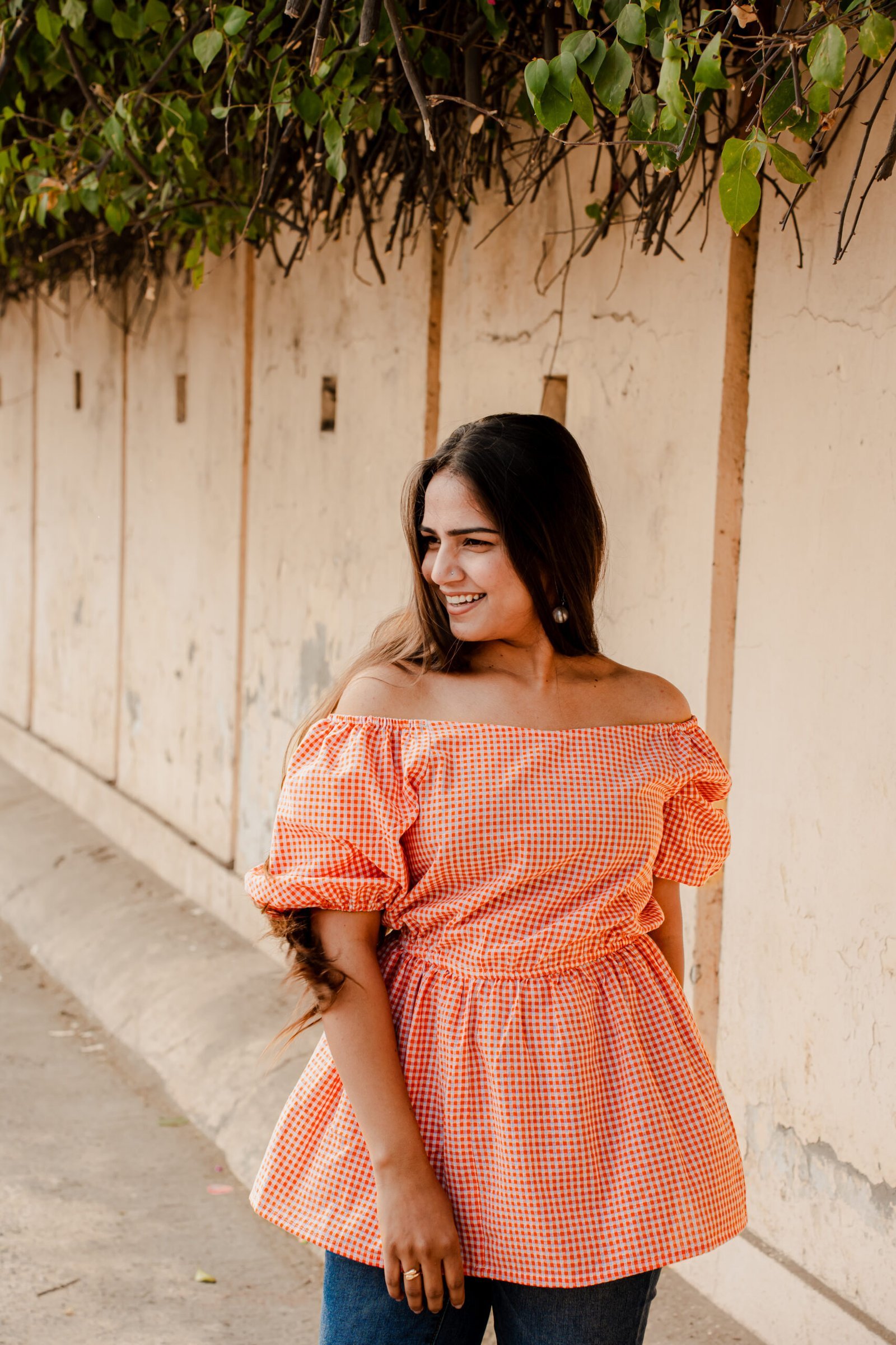 Orange Gingham Off-Shoulder Top