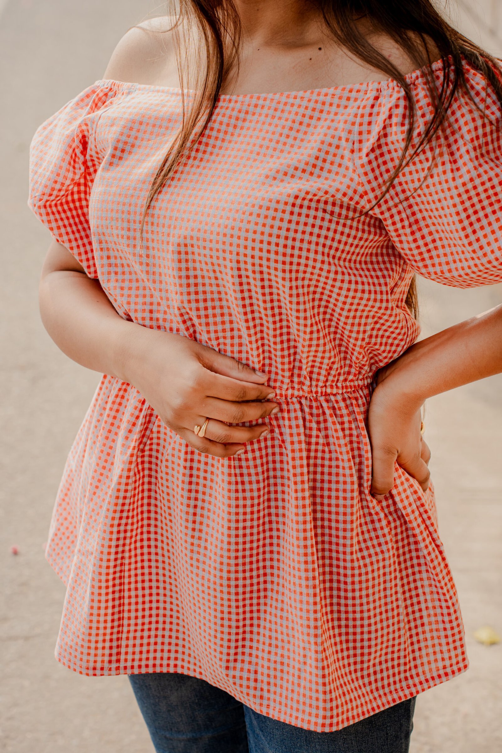 Orange Gingham Off-Shoulder Top