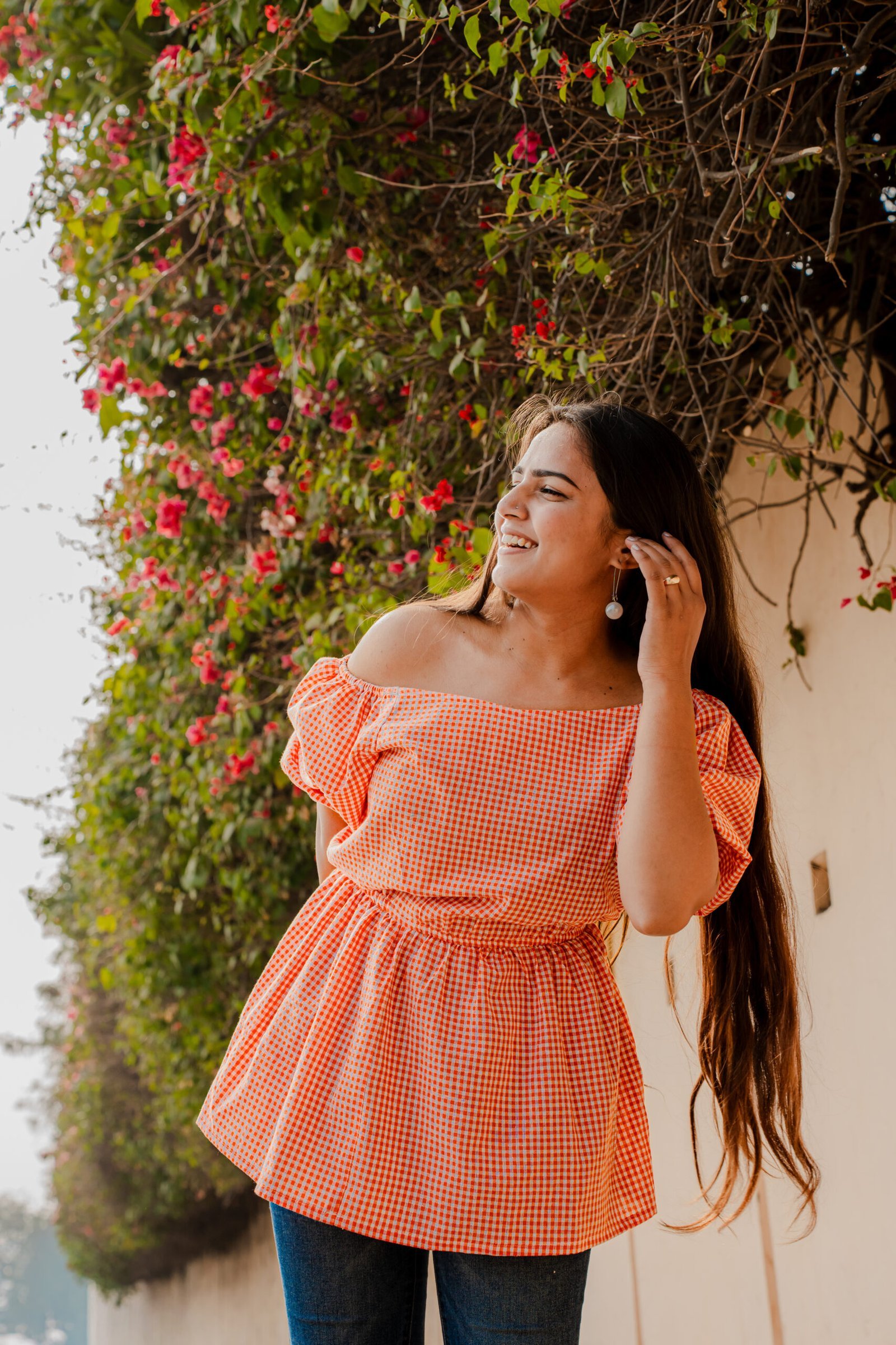 Orange Gingham Off-Shoulder Top