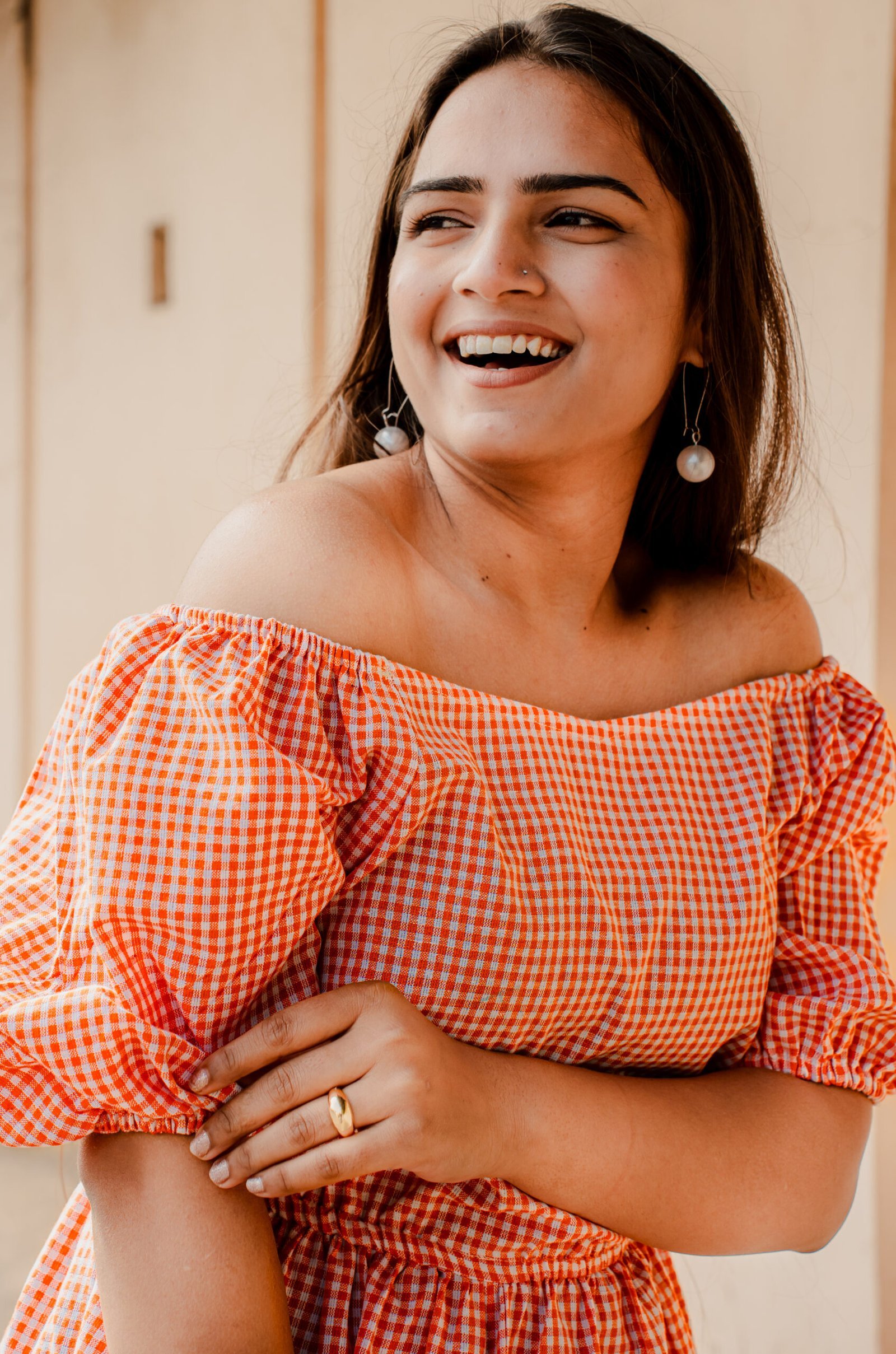 Orange Gingham Off-Shoulder Top