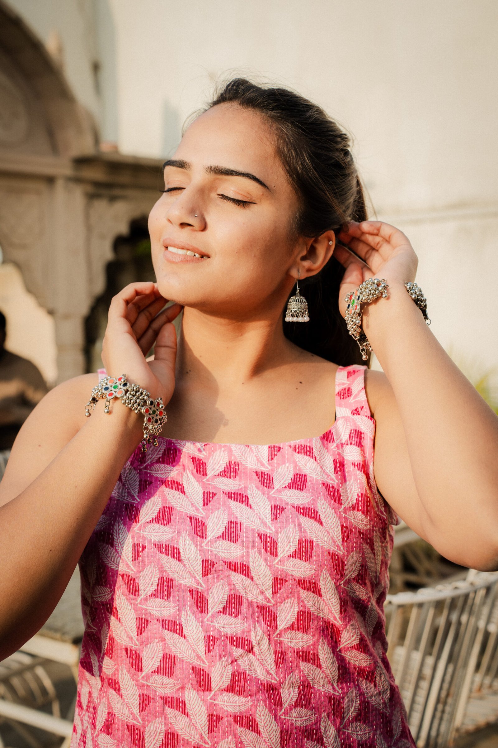Pink Printed Sleeveless Cotton Top