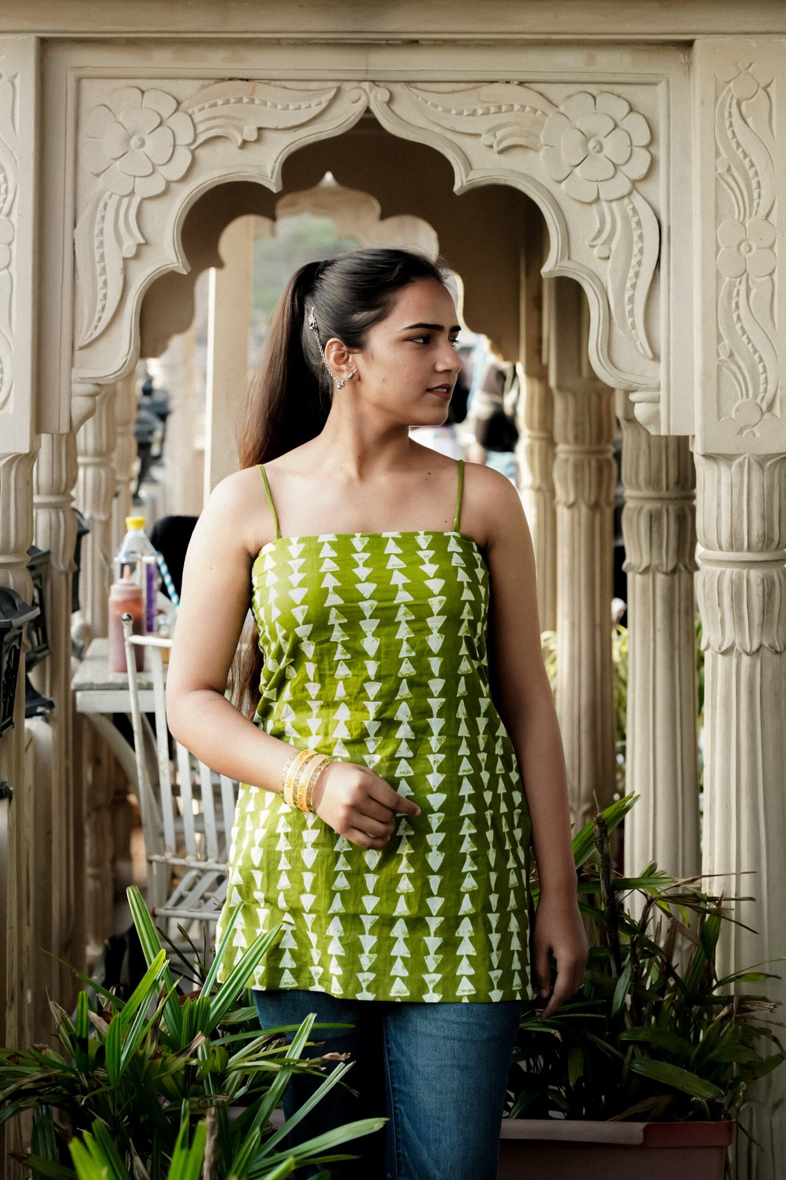 Olive Green & White Printed Cotton Strap Top