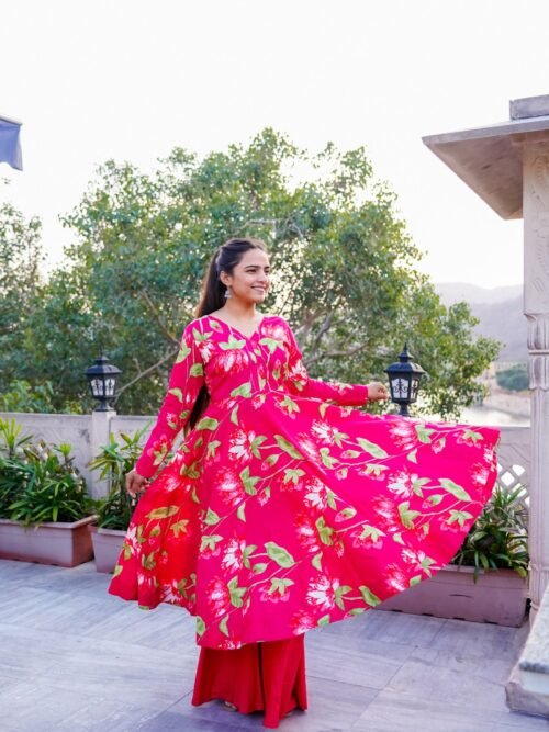 Hot Pink Floral Printed Anarkali Set plazo + gown