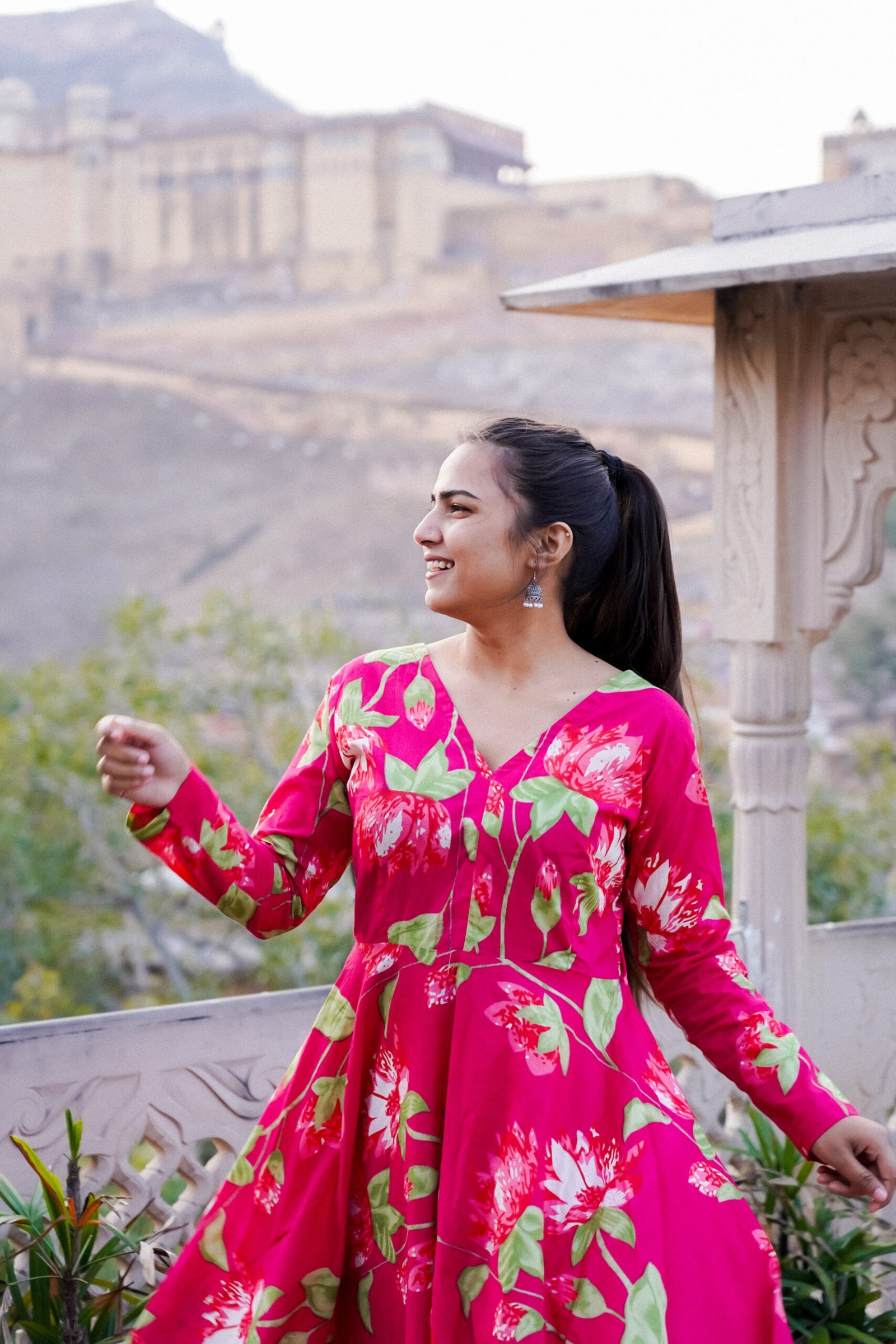 Hot Pink Floral Printed Anarkali Set plazo + gown