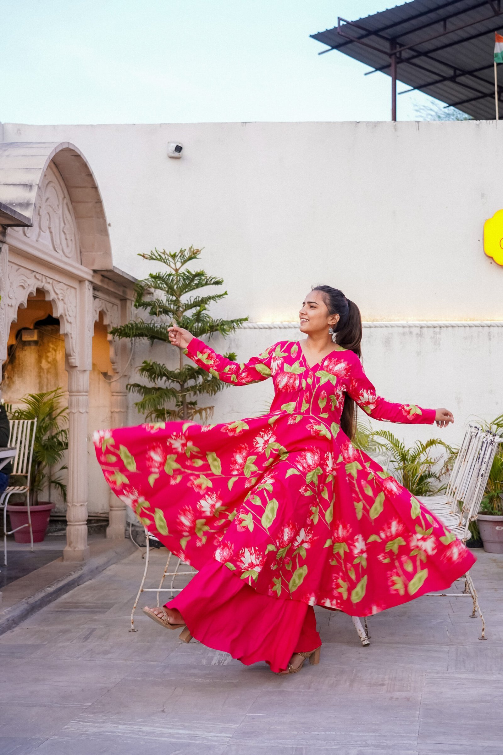 Hot Pink Floral Printed Anarkali Set plazo + gown