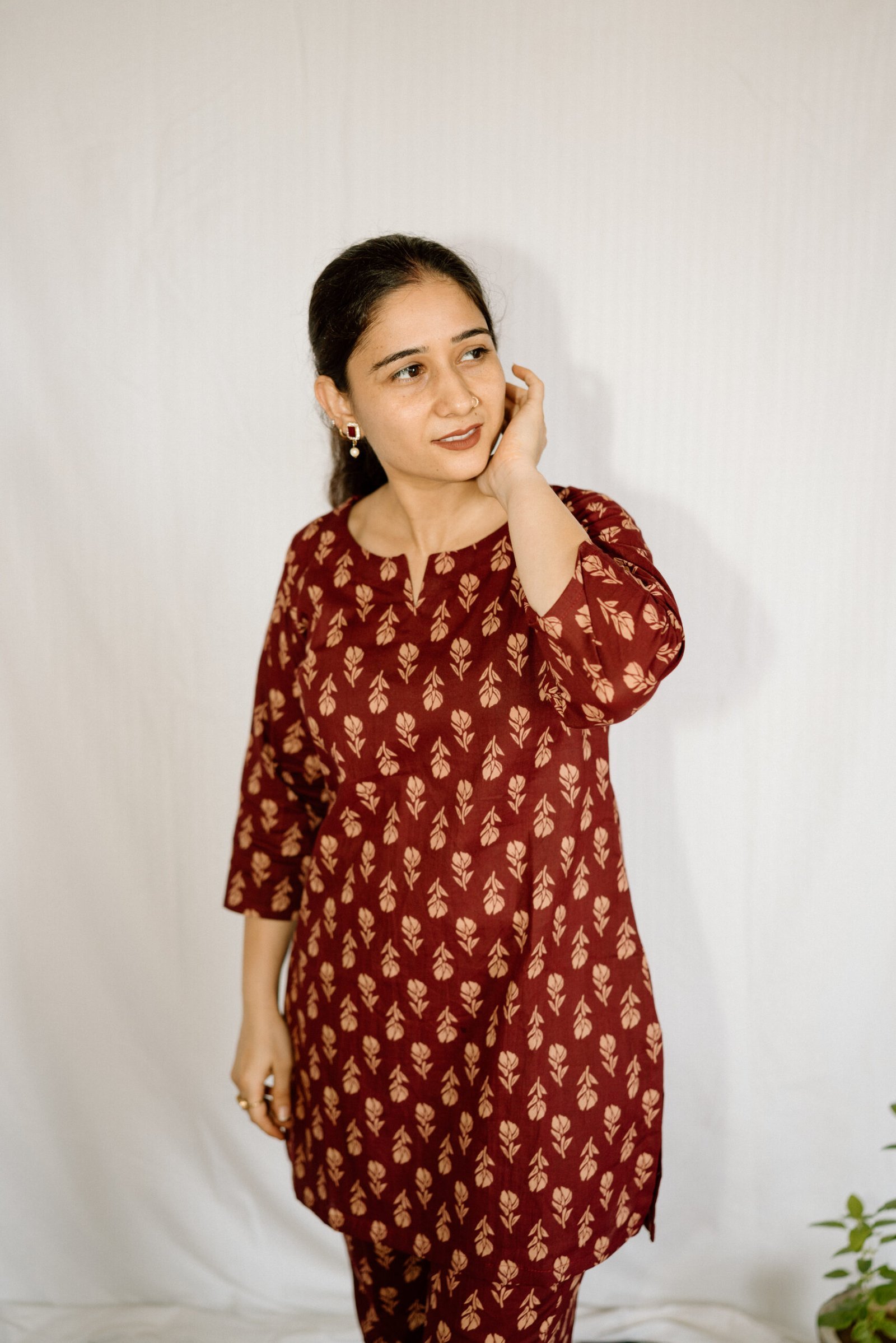 Maroon & Beige Printed Cotton Co-Ord Set