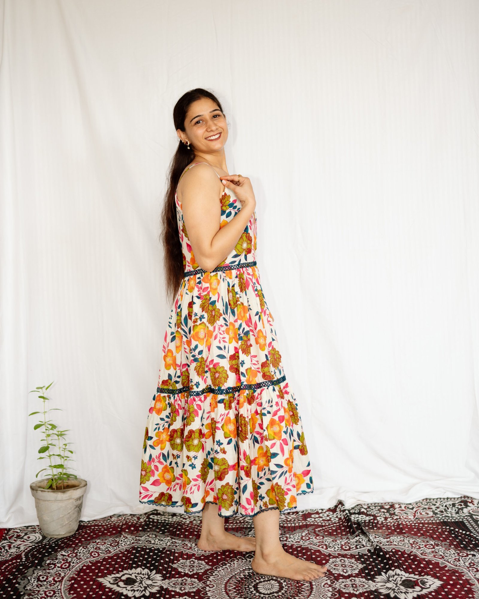 Cream Multi-Color Floral Printed Cotton Midi Dress