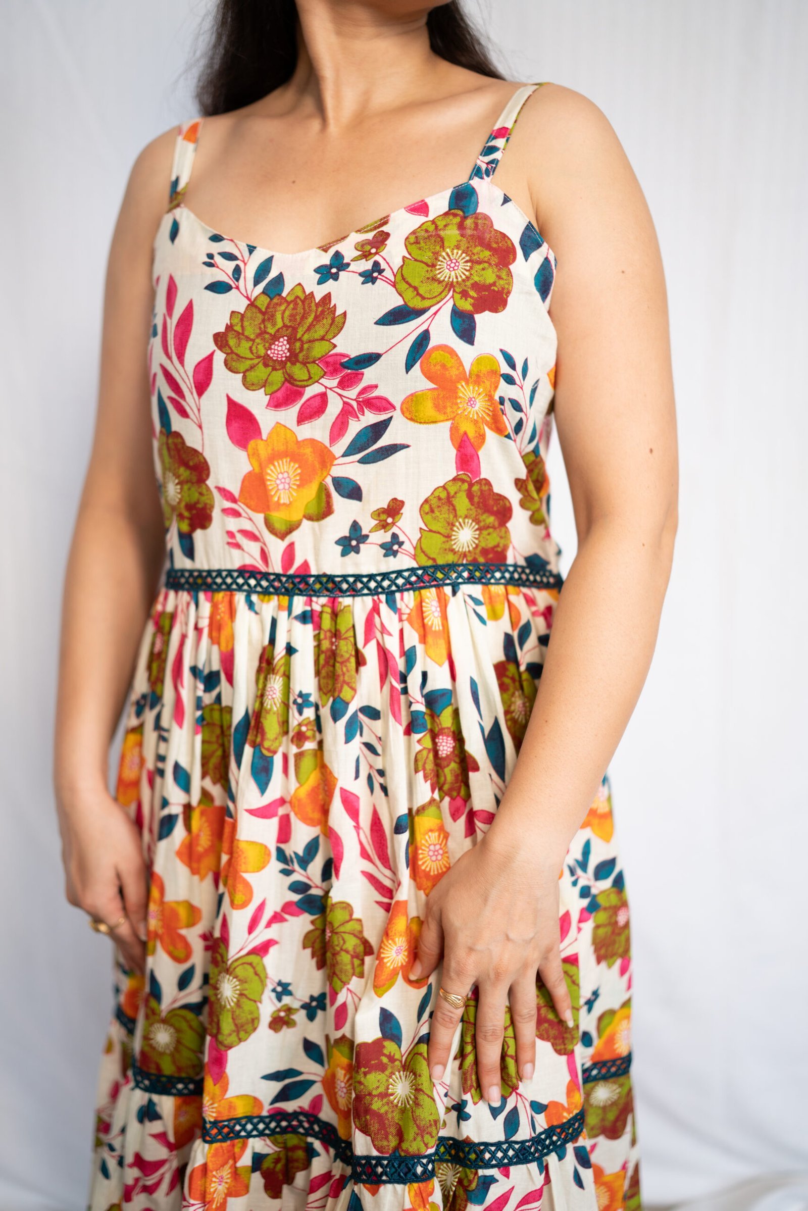 Cream Multi-Color Floral Printed Cotton Midi Dress