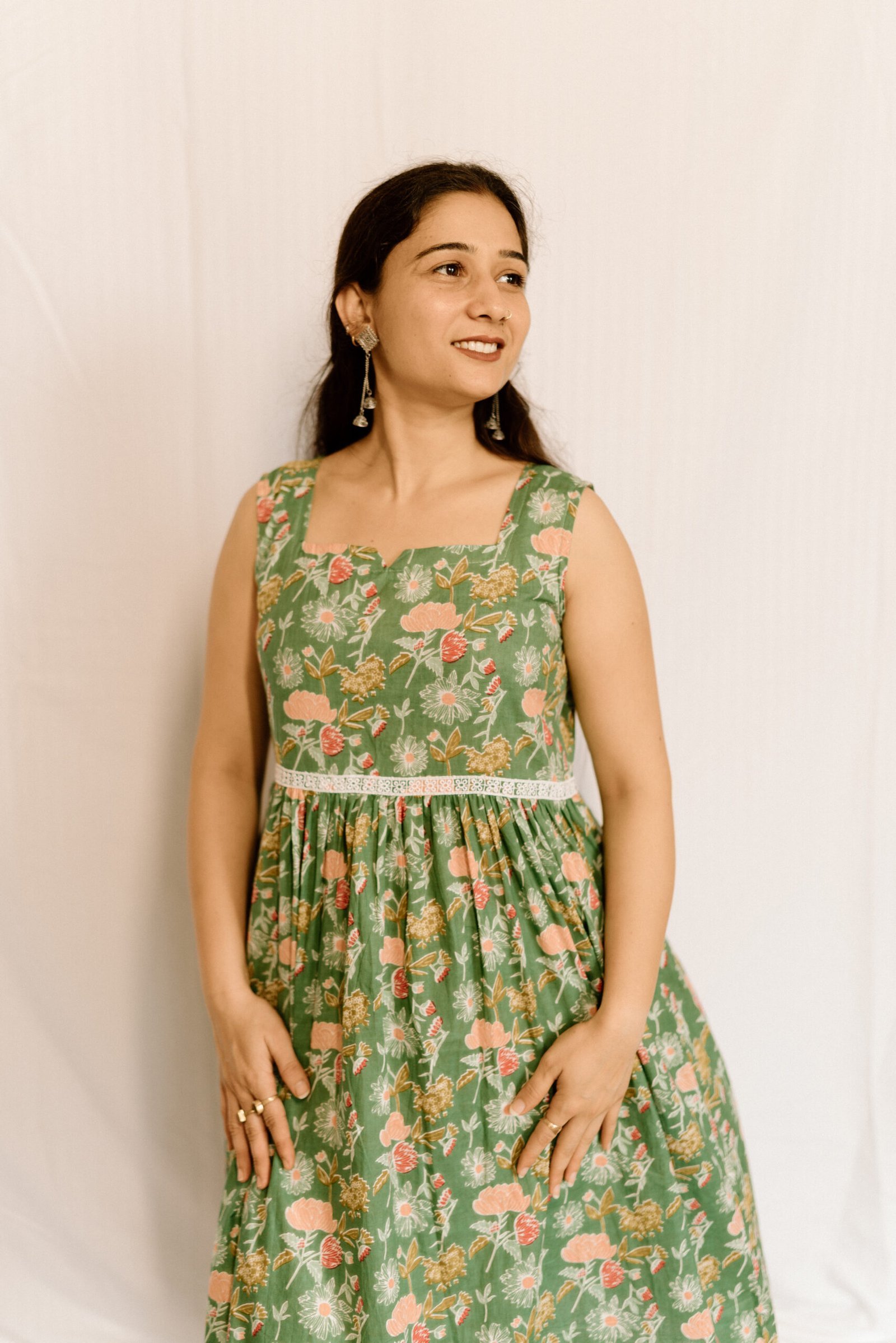 Sage Green Floral Printed Cotton Midi Dress