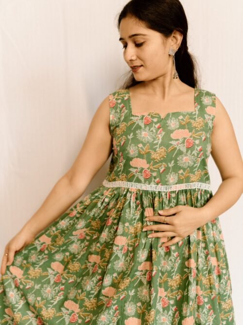 Sage Green Floral Printed Cotton Midi Dress