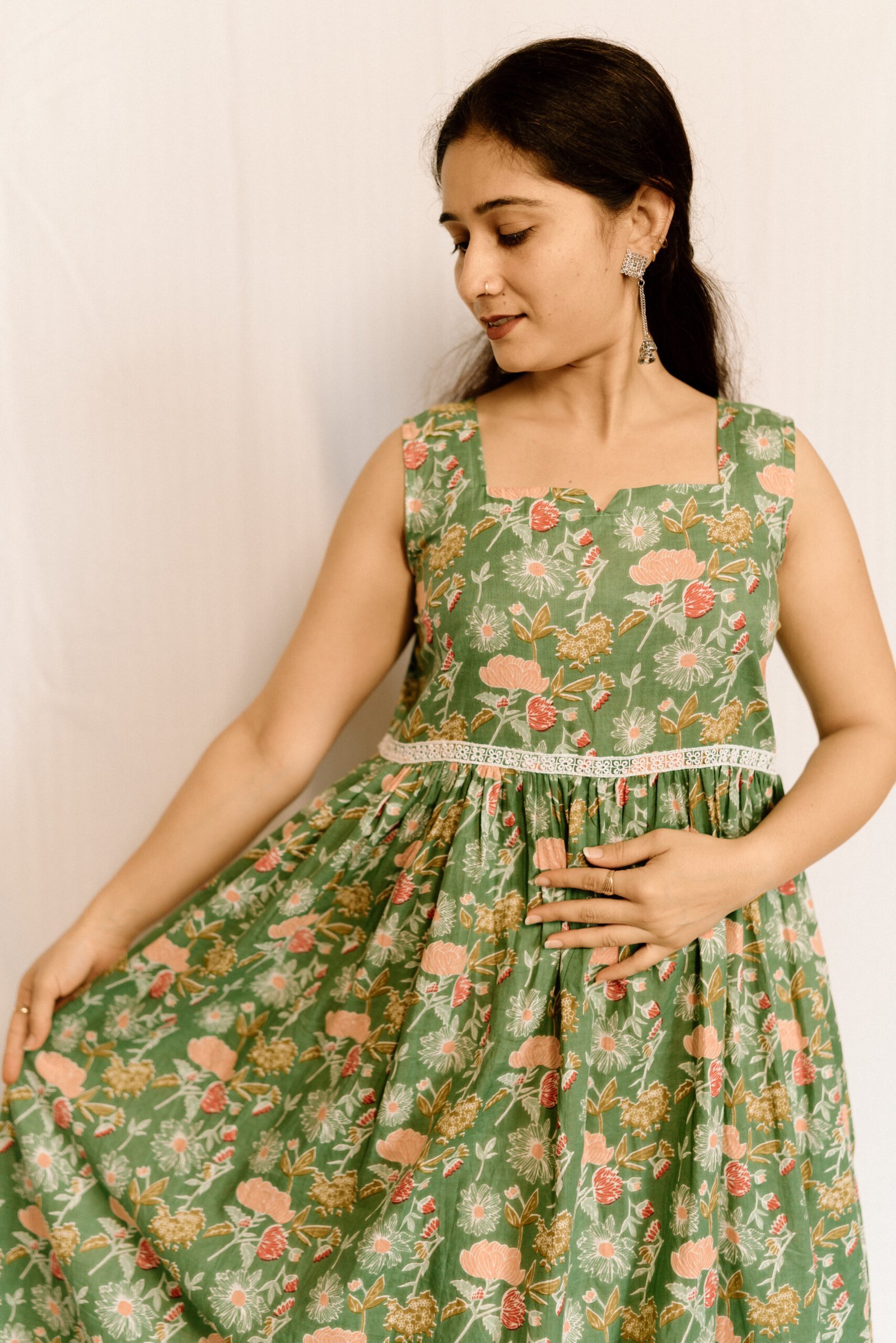 Sage Green Floral Printed Cotton Midi Dress