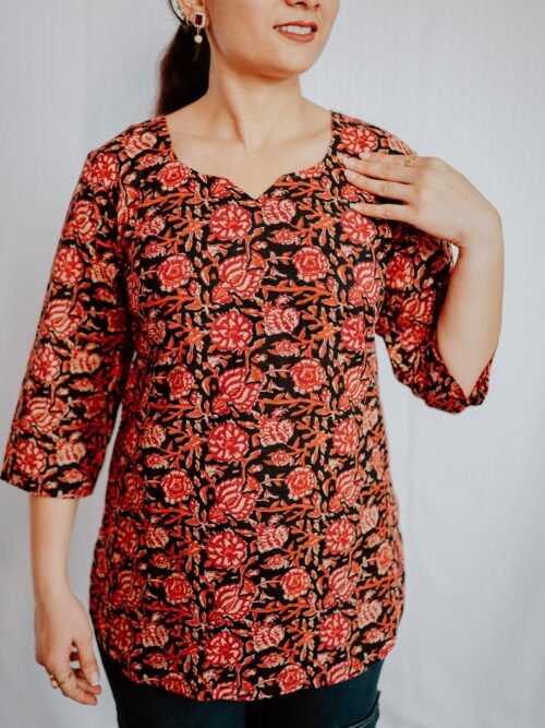 Black & Red Floral Printed Cotton Top
