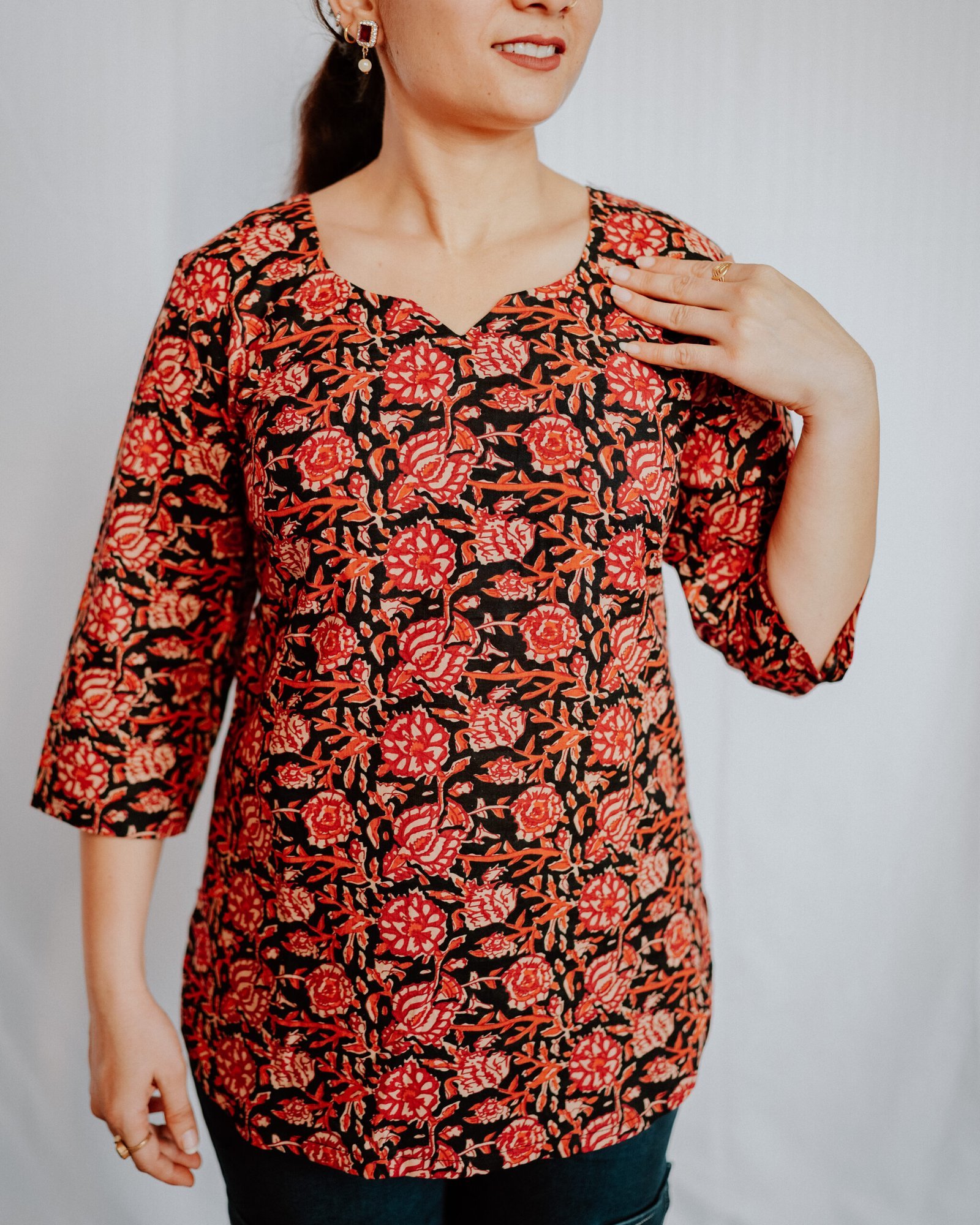Black & Red Floral Printed Cotton Top